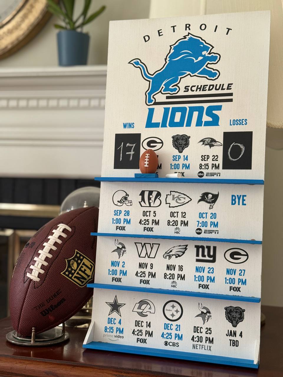 Detroit Lions hand made FOOTBALL SCHEDULE