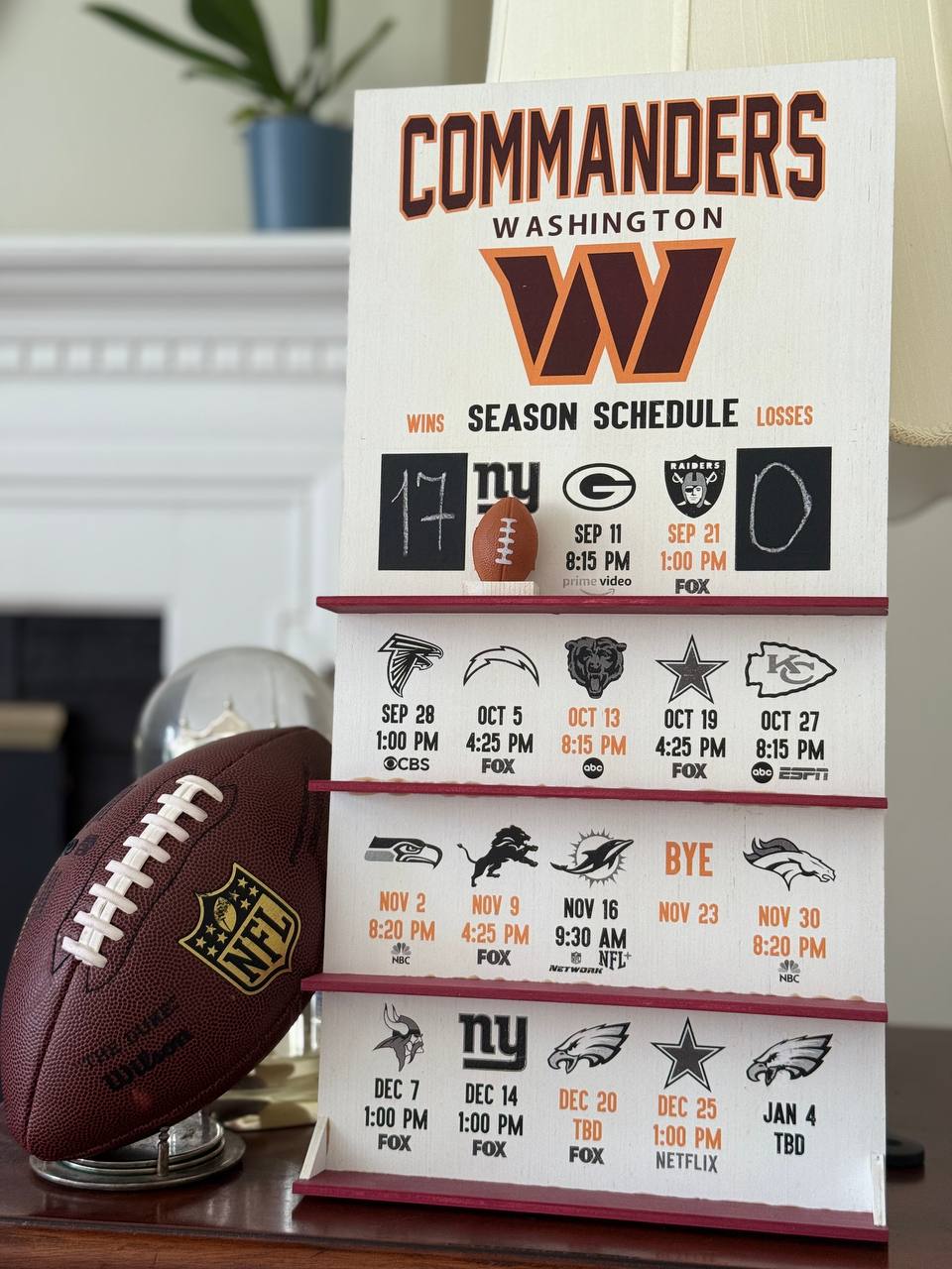 Washington Commanders hand made FOOTBALL SCHEDULE